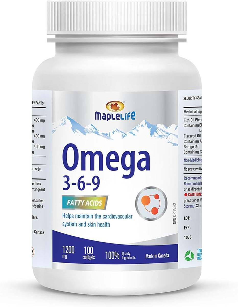 Maplelife MapleLife Nutrition® – Omega 3-6-9 Fatty Acids 1200 mg– EPA, DHA, ALA - Maintain Cardiovascular System – Improves Heart Health – Supports Brain – Anti-inflammation – Maintain Joint – 100 Softgels