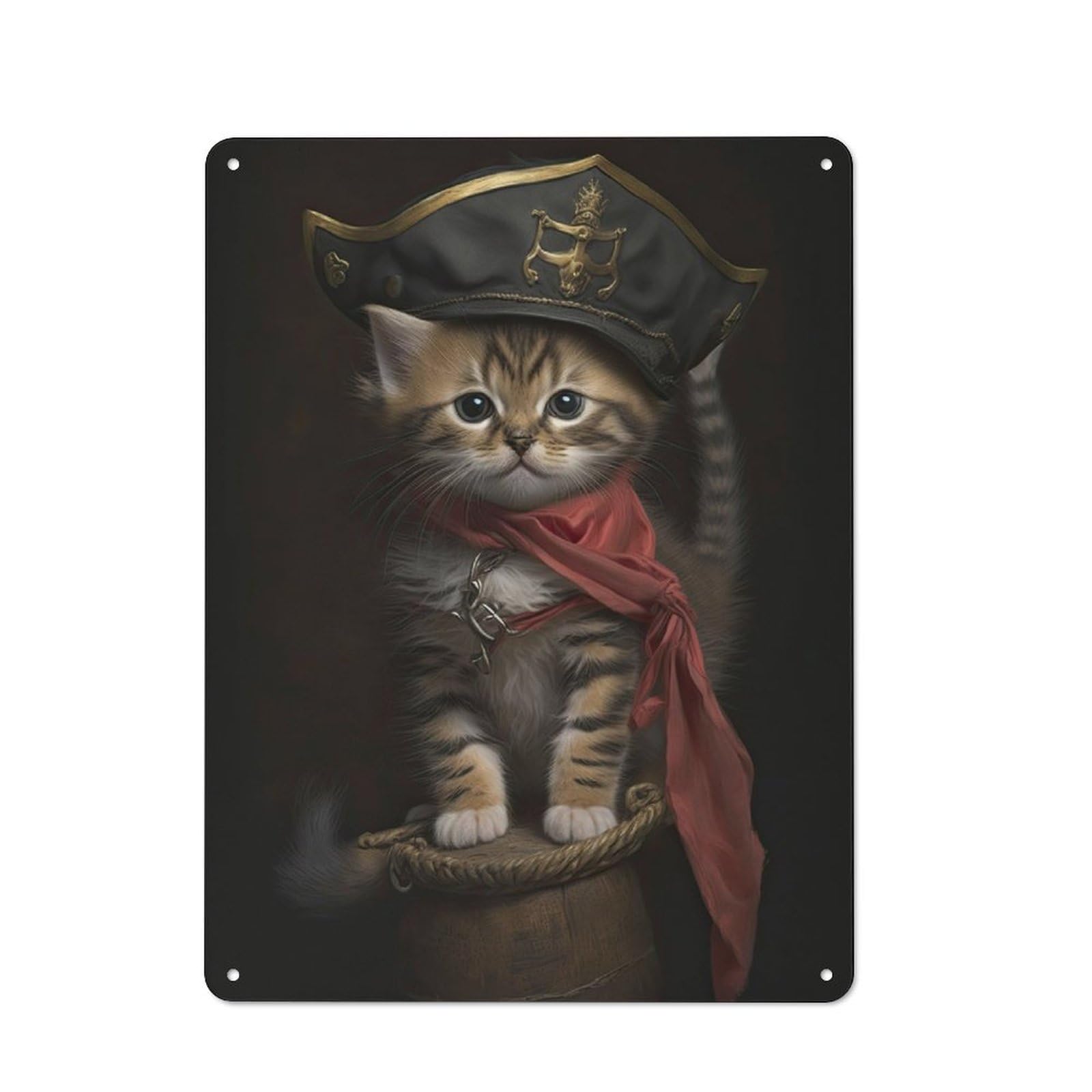 Metal Wall Sign with Pirate Kitten Design 40x30cm, Weathered Look Workshop Wall Decor for Garage, Hobby Room, Office Or Man Cave
