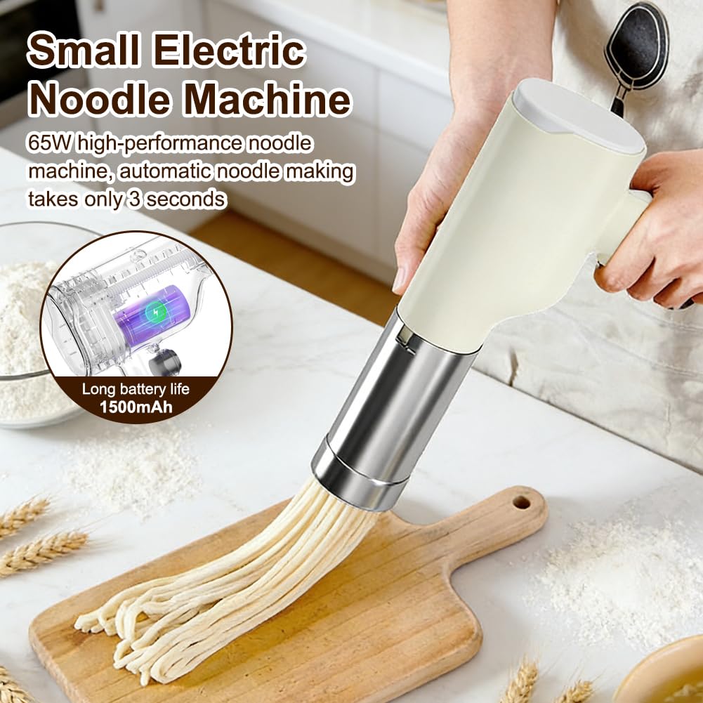 Machine à Pâtes Électrique Sans Fil Portable 40W, Presse à Pâtes Automatique avec 5 Moules, Spaghetti Nouilles Maison, Robot Cuisine Compact, Acier Inoxydable 304, Facile à Utiliser