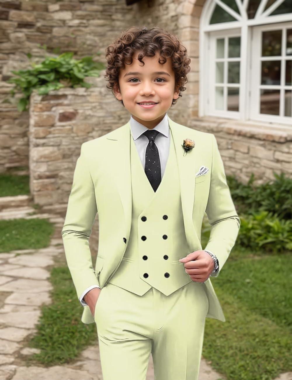 Kids Tuxedo 3 Pieces Double Breasted Slim Fit Suit for Boy Wedding Outfit Jacket Pant Set