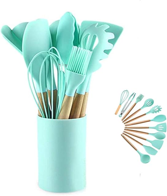 Silicone Cooking Utensils Kitchen Utensil Set - 446°F Heat Resistant,Turner Tongs,Spatula,Spoon,Brush,Whisk. Wooden Handles Gray Kitchen Gadgets Tools Set for Nonstick Cookware(Agate Green-12pcs)