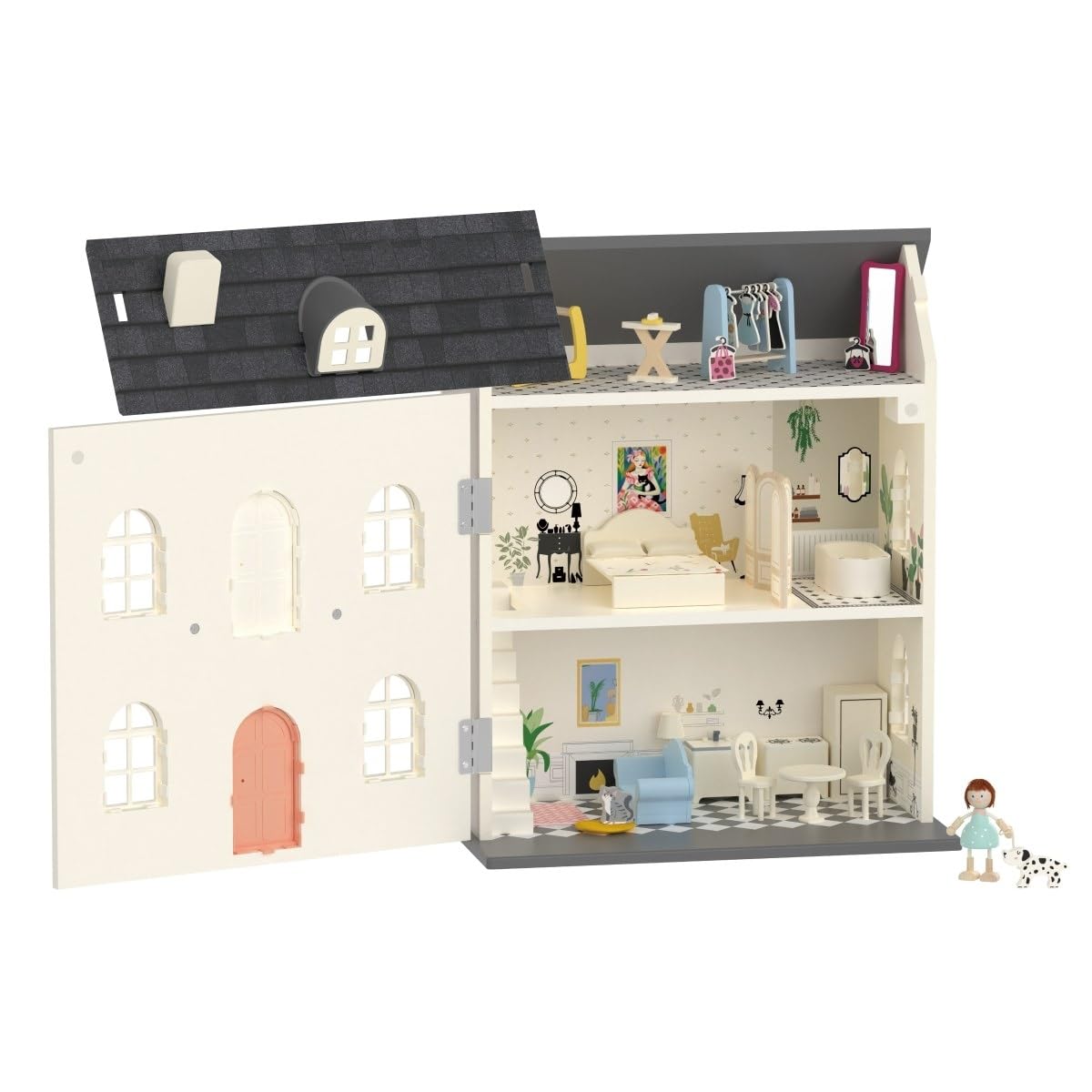 Classic World Puppenhaus aus Holz, 3-stöckig im Vintage-Stil mit Möbeln, Biegepuppe & Hund, abnehmbares Dach & Türen, Rollenspiel für Kinder ab 3 Jahren