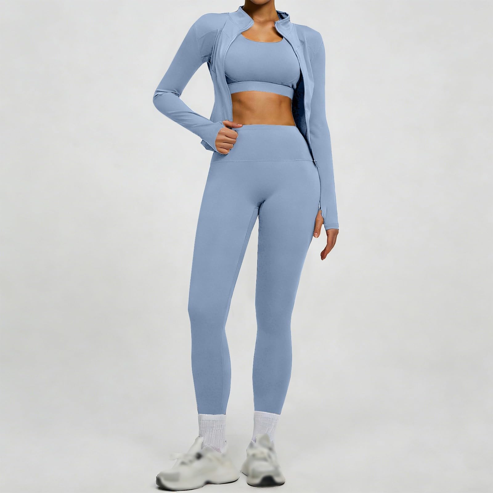 Sports Set Damen Yoga Pilates Outfit Sets Zweiteiler Bequem Elegant Reißverschluss Langarm Oberteile Mit Leggings Zweiteiliges Dasmen Trainingsanzug Set Sportsets