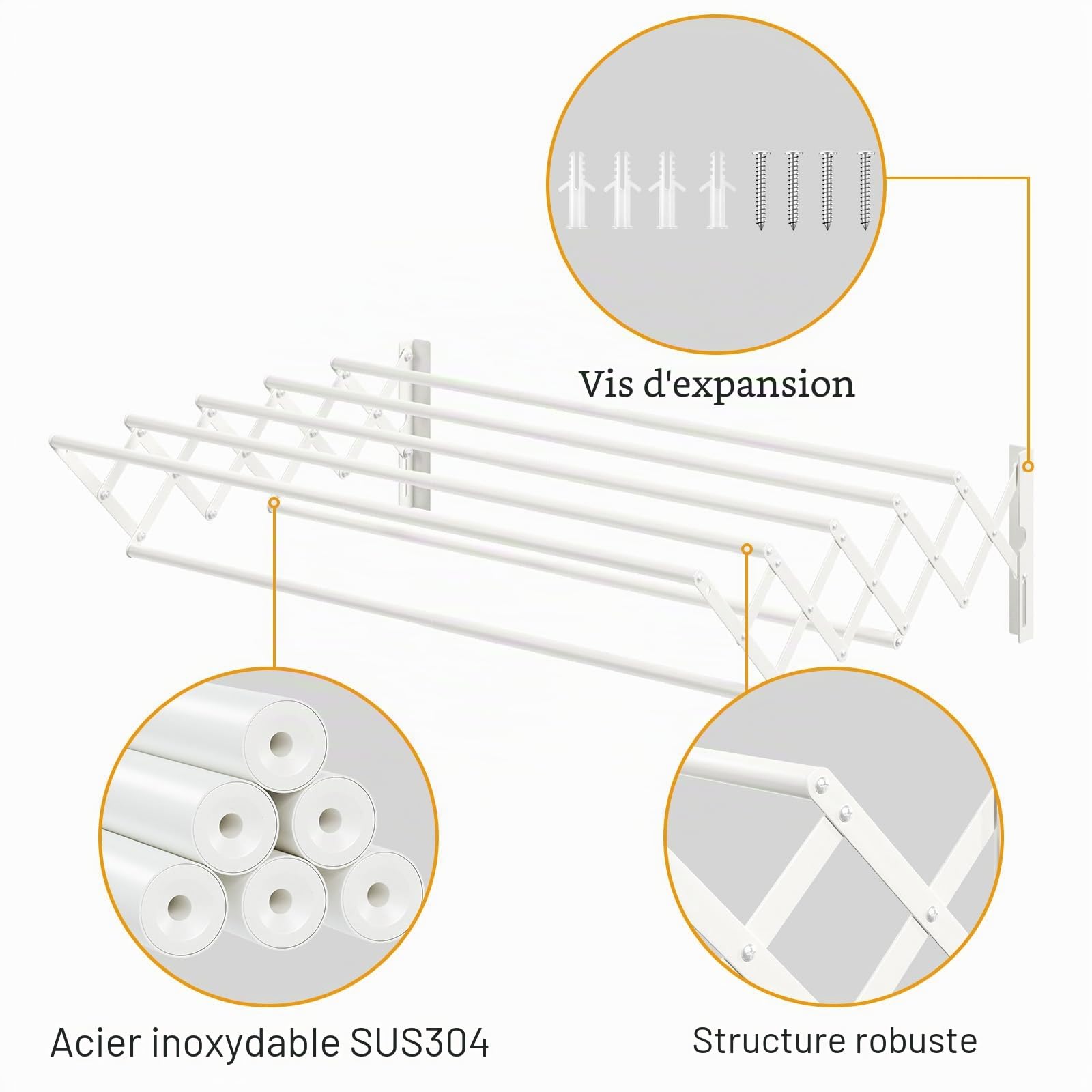 YOUDENOVA Séchoir à linge mural extensible avec 7 barres, support de séchage peu encombrant pour buanderie, porte-serviettes en métal pour salle de bain, (42-80) x 59 x 19 cm, blanc