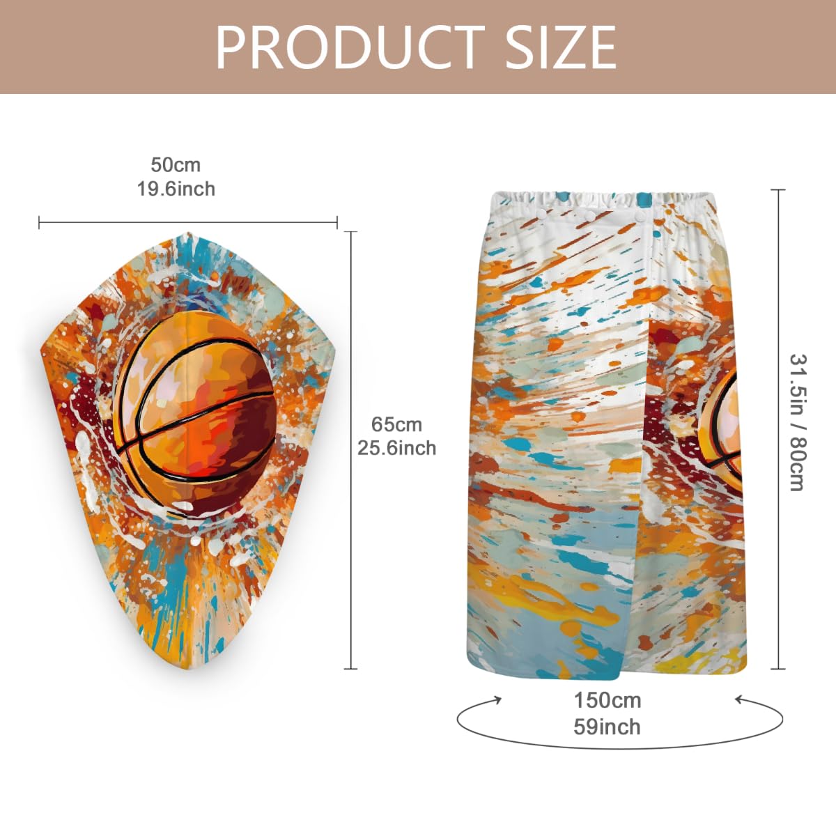 Mikrofaser-Duschtuch für Damen, mit Haar-Handtuch, Aquarell-Spritzer, Basketball, weiche Körperwickel, Kleid mit Haartrocknungskappe für Strand, Pool, Spa, 2 Sets