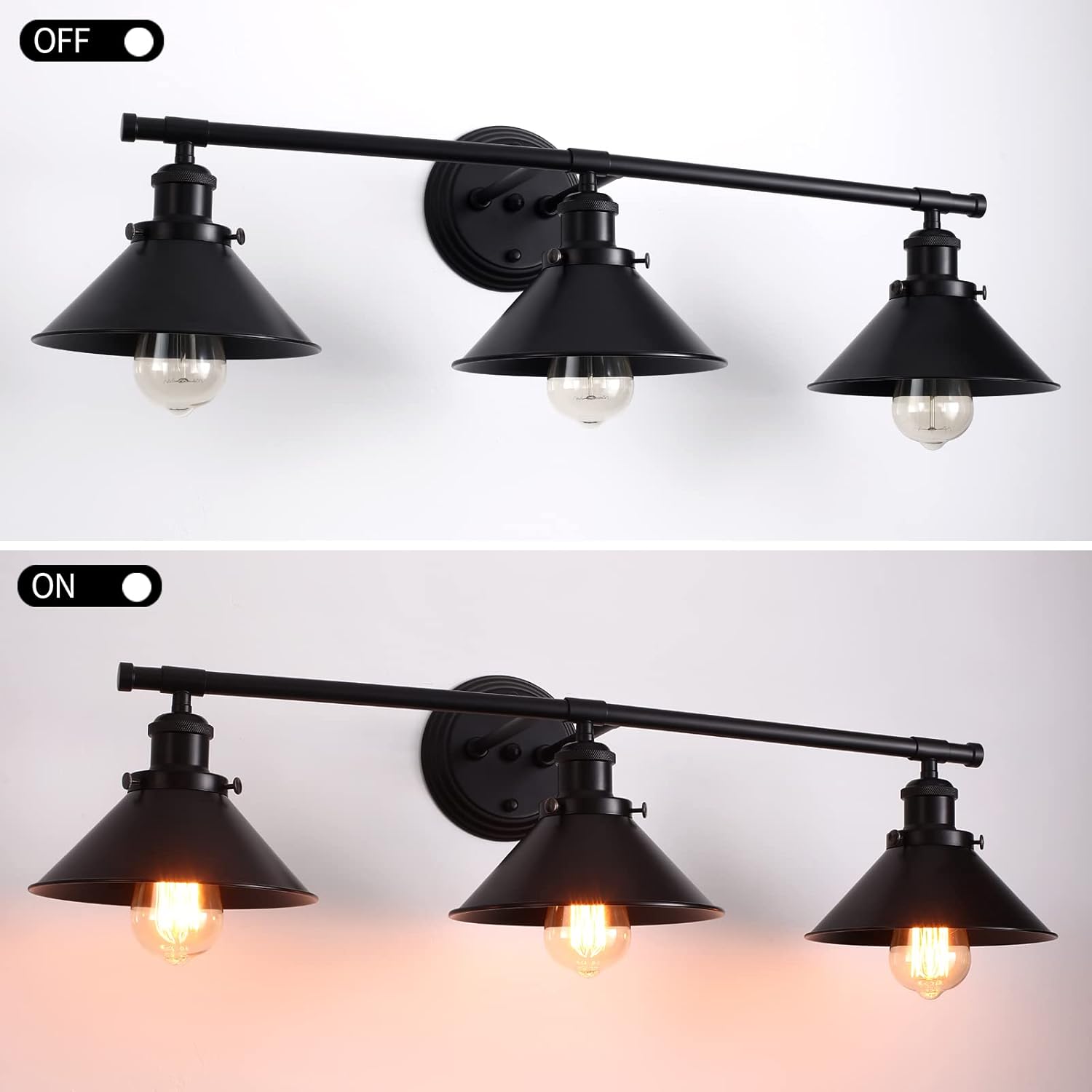 TOULMJ Bathroom Light Fixtures Farmhouse Vanity Lights, 3 Light Bathroom Lighting Fixtures Over Mirror Wall Sconces with Metal Shade, Matte Black Vanity Lights for Bathroom (31.49'')