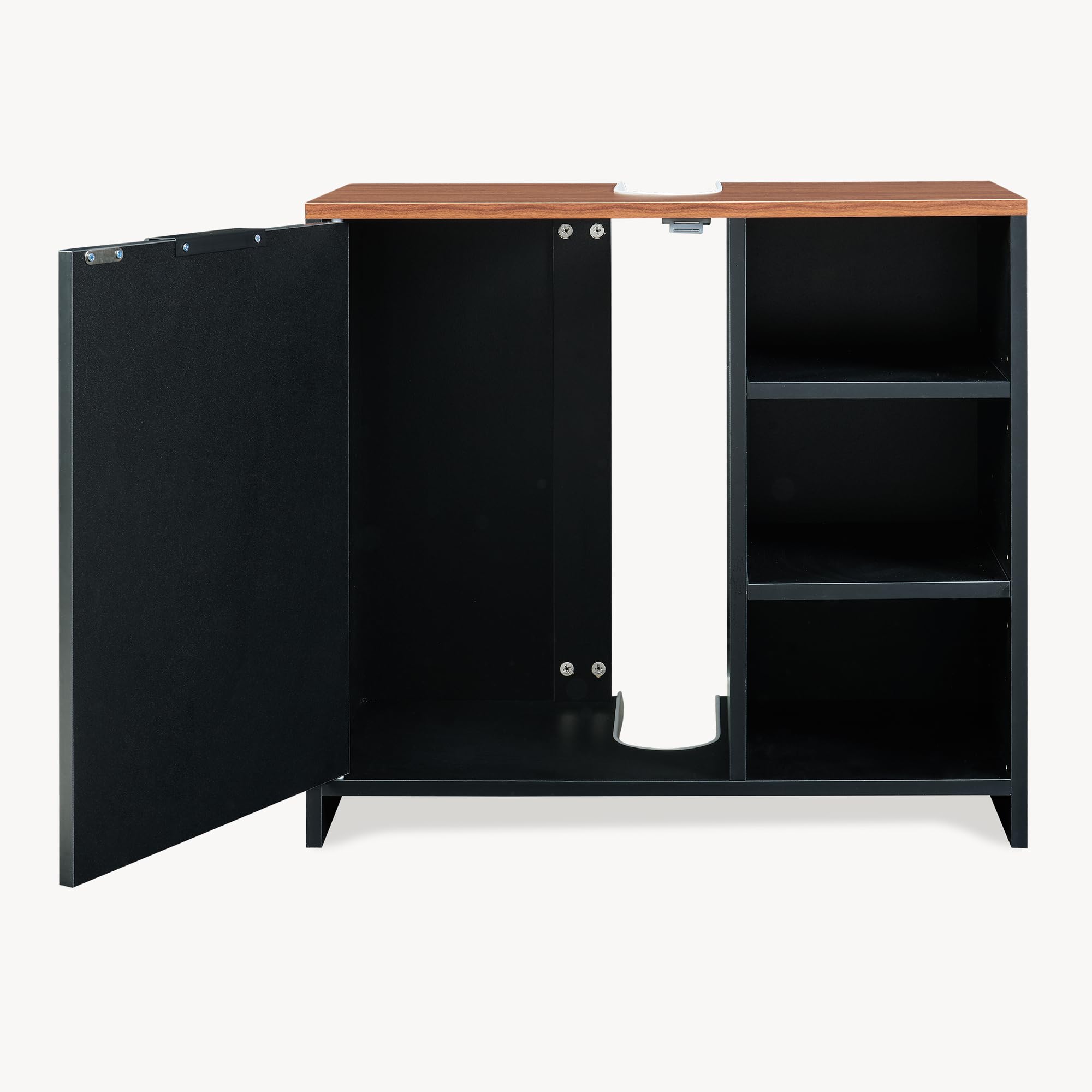 [en.casa] Mobile Sottolavabo da Terra con Anta Armadio da Bagno Sotto Lavandino con Scomparto Chiuso Ritaglio Sifone e 3 Ripiani Vani Aperti Lavanderia 60 x 66 x 30 cm - Nero/Effetto Noce