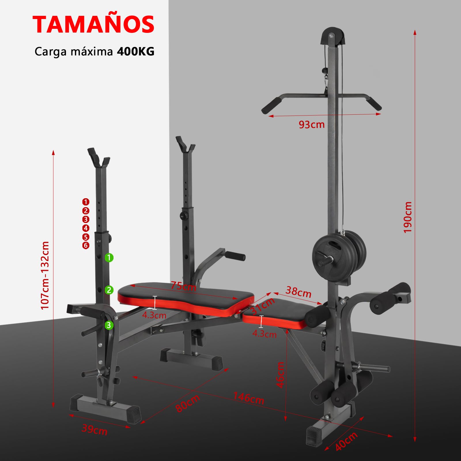 Banco de Pesas Multifuncional Banco de Musculación Plegable, Banco Abdominales Respaldo Ajustable Soporte de Barras con Entrenador de Polea, Banco Musculación Gym en Casa