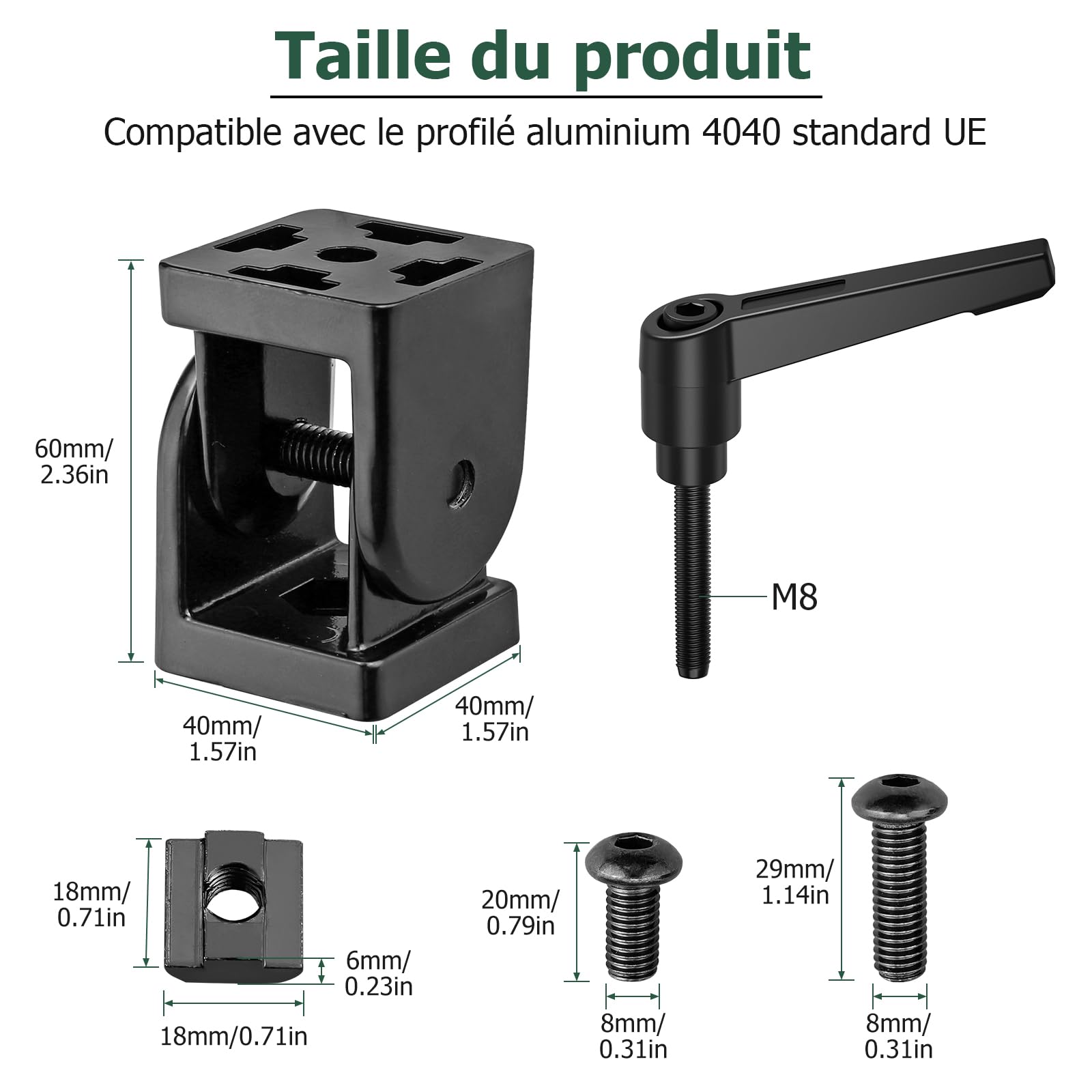 JiGiU 4PCS Connecteur Profilé Aluminium 4040, Noir | Charnière d'Angle Réglable 180°, avec Levier de Serrage, pour Profilé 4040 Rainure 8mm, Usage Industriel et Bricolage