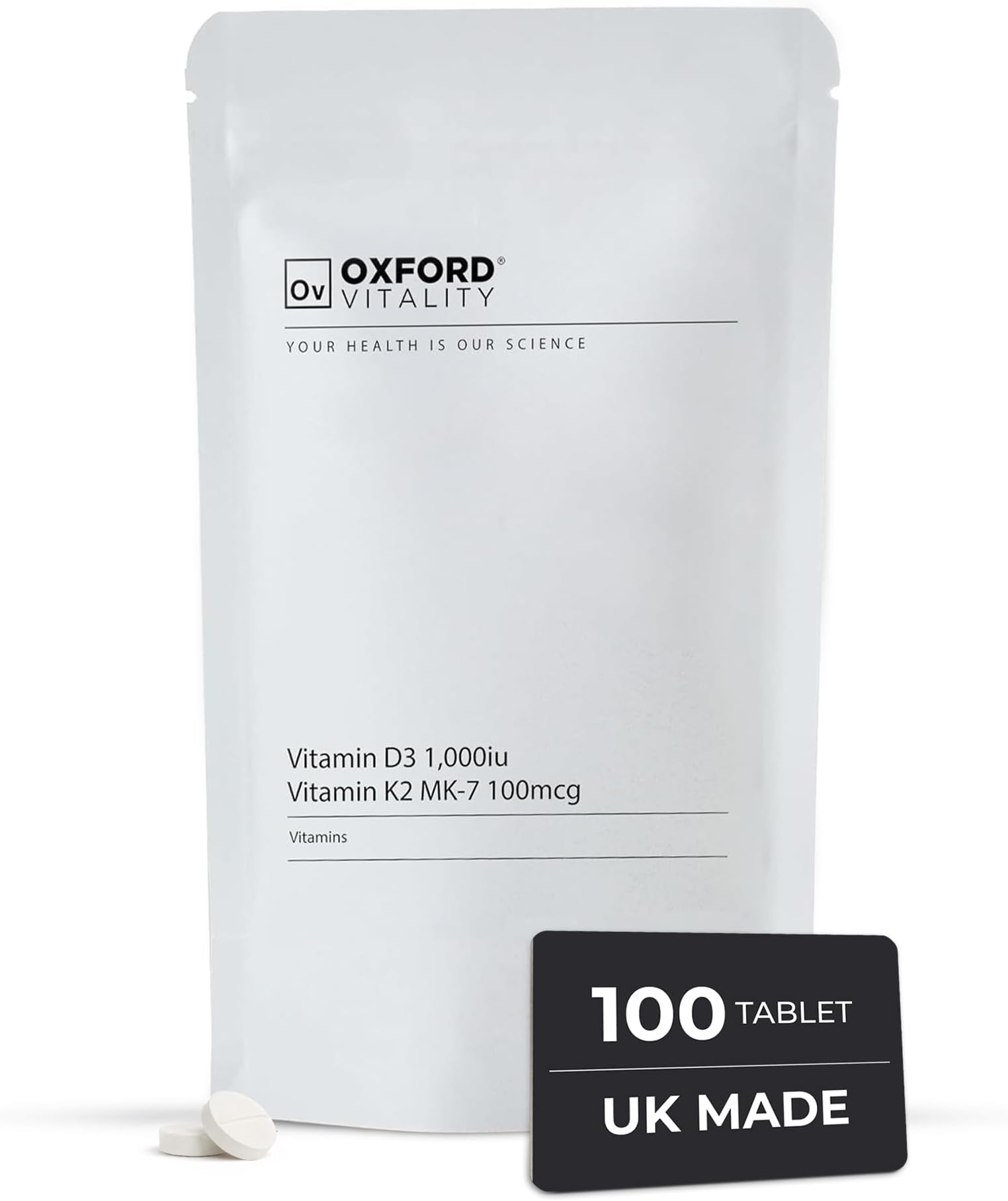Vitamin D3 1000IU & Vitamin K2 MK-7 Tablets | Vitamin D3 & K2 Food Supplement | Oxford Vitality | 100 Tablets