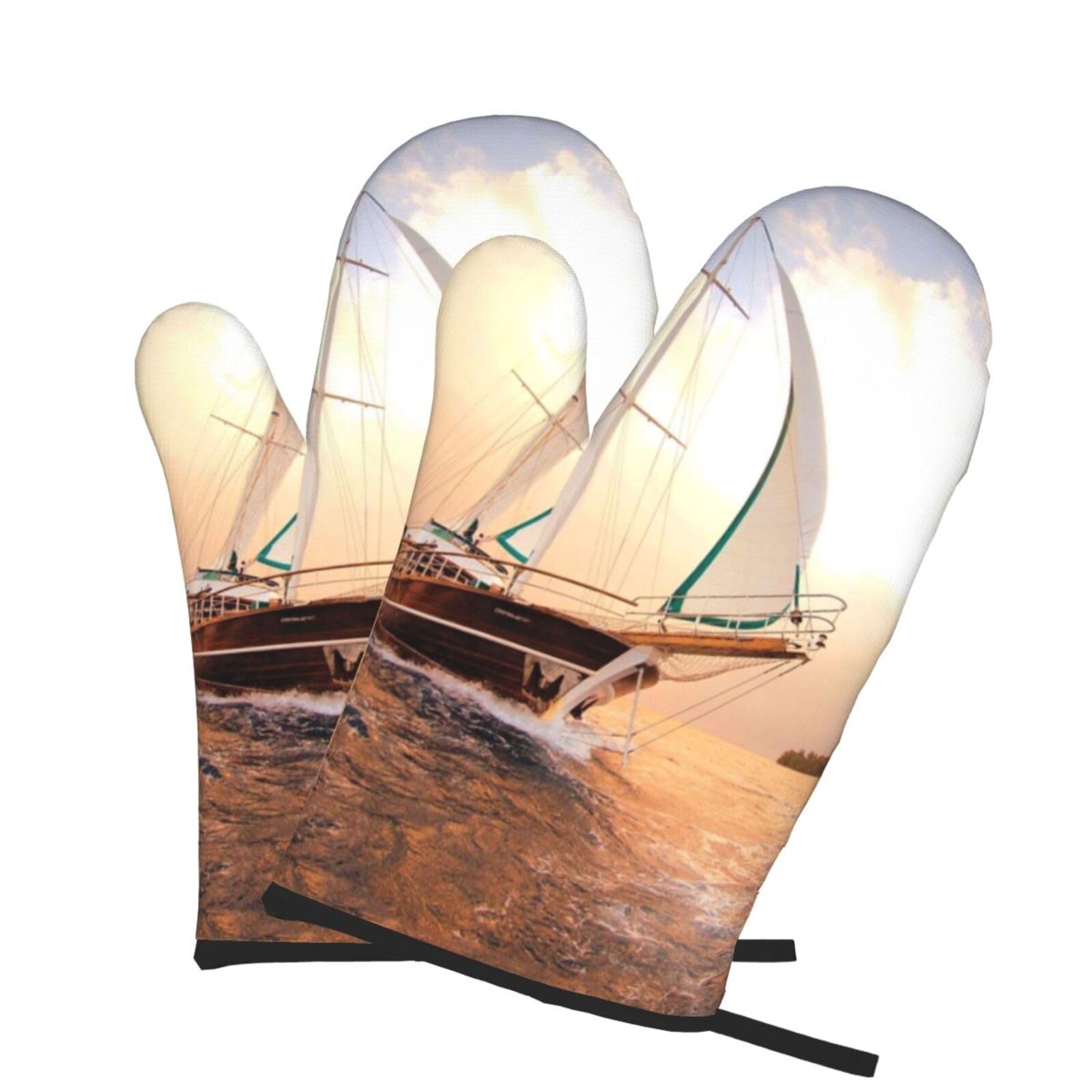 Oven Mitts Set of 2 Pcs, White Sailing Ship at Sunset Prints Heat Resistant Kitchen Gloves for Cooking Baking Grilling