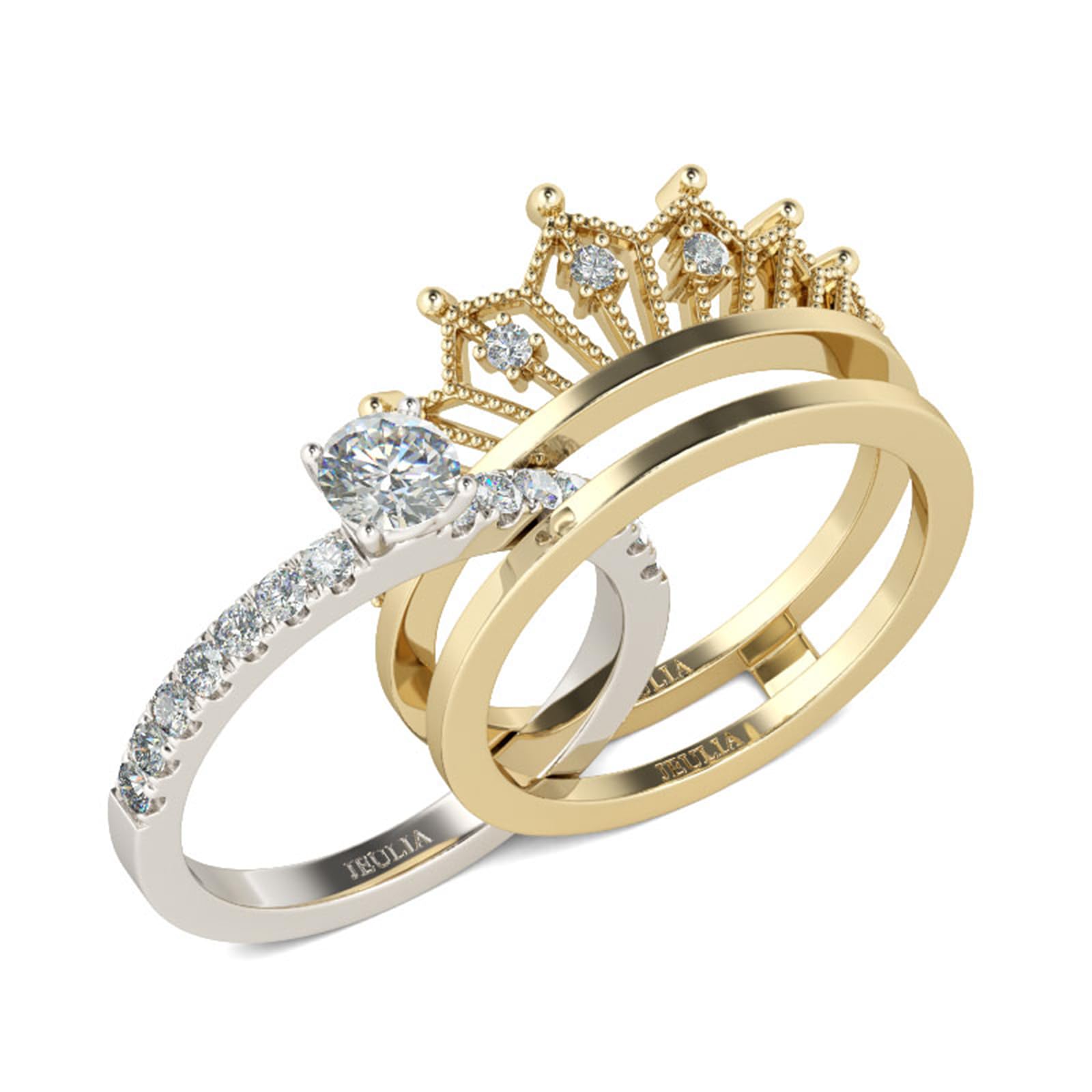 2 Stück Krone Damen Ringe Set Vergoldet Sterling Silber Verlobungsring Rundschliff Zirkonia Diamant Solitärring Antragsring Mit Geschenkverpackung Geschenke für Party Jubiläum Geburtstag