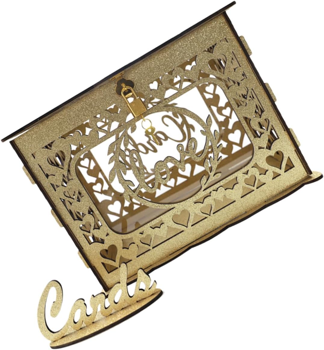 NUOBESTY Wooden Hollow Card Box with Lock Square Wood Card Holder for Wedding Reception Birthday Portable Decorative Storage Container