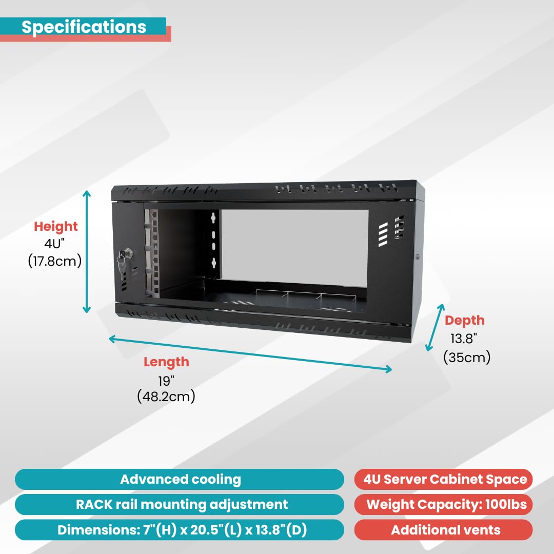 Armadio di Rete 19 Pollici - Armadio Rack 4U - Server Rack per Montaggio a Parete - Capacità di Carico 40 kg - Profondità 350 mm - Rack 19 Pollici - Nero
