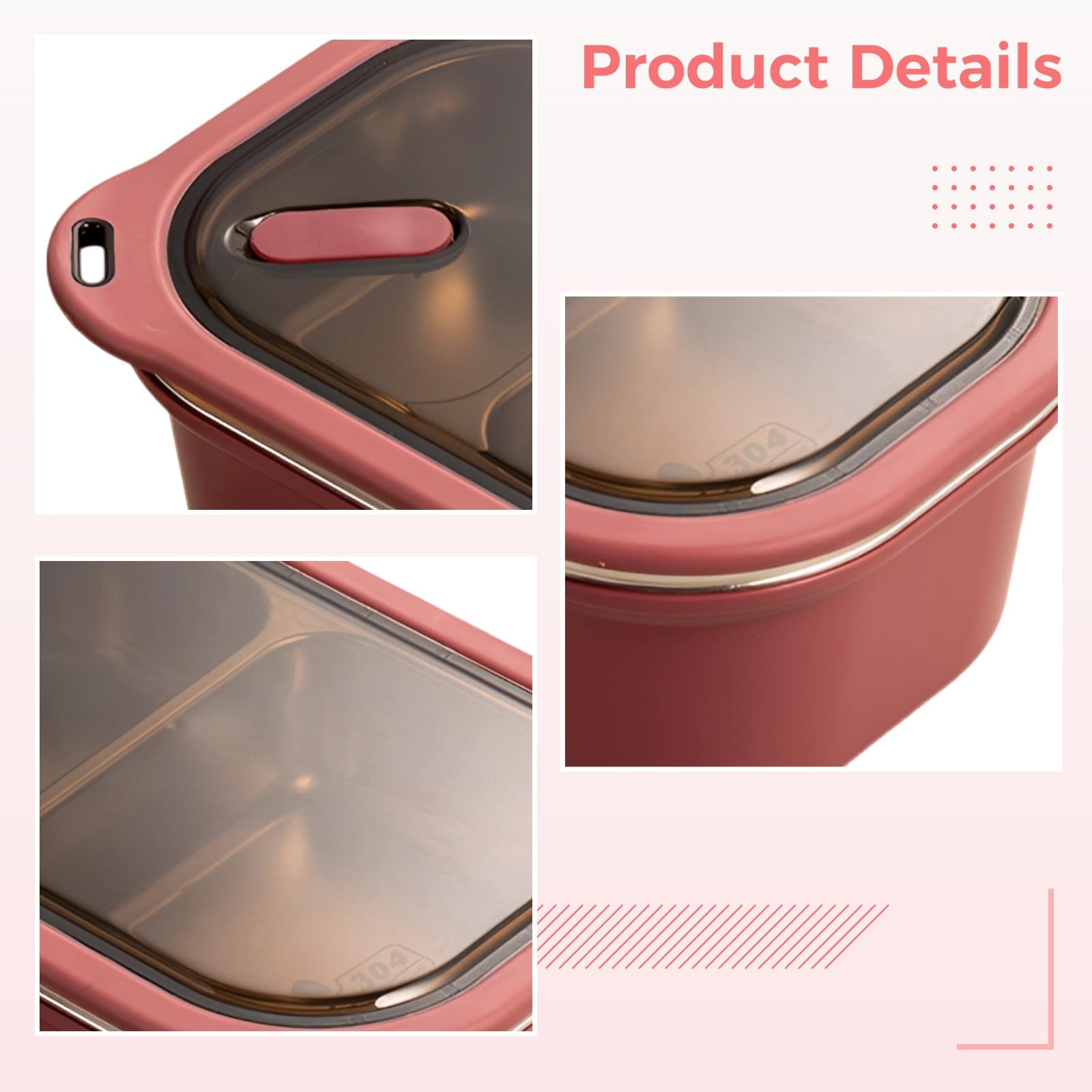 Boîte repas en acier inoxydable 1200 ml pour adultes, bento portable pour jeunes, avec 2 compartiments, 20 x 13,5 x 8,1 cm, rose, intérieur 304, couvercle avec joint en silicone