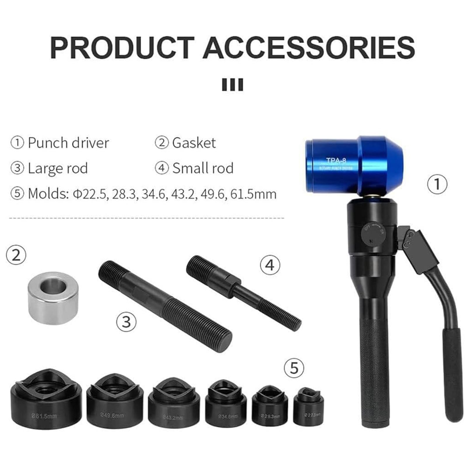 Kit De Sacabocados Hidráulicos, Perforadora De Láminas De Metal Excavadora De Agujeros Hidráulica, Punzonadora De Chapa Metálica con 6 Troqueles, para Aluminio, Latón,Blue