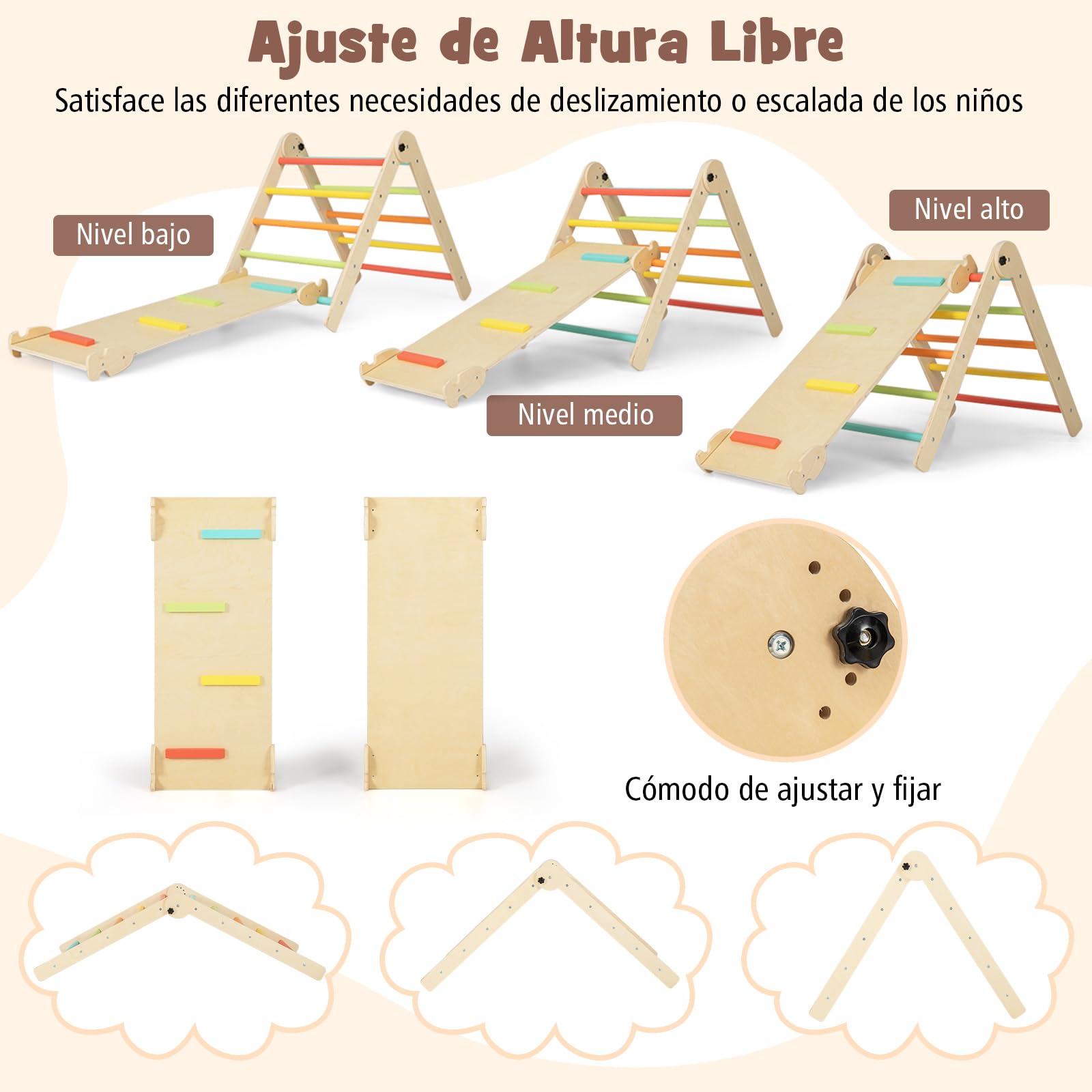 COSTWAY 7 en 1 Triángulo de Escalada de Madera para Niños con Rampa Reversible, Torre de Aprendizaje Plegable Montessori, Mesa y Silla Infantil, Pizarra Divertida, para Niños de 3-14 Años (Multicolor)