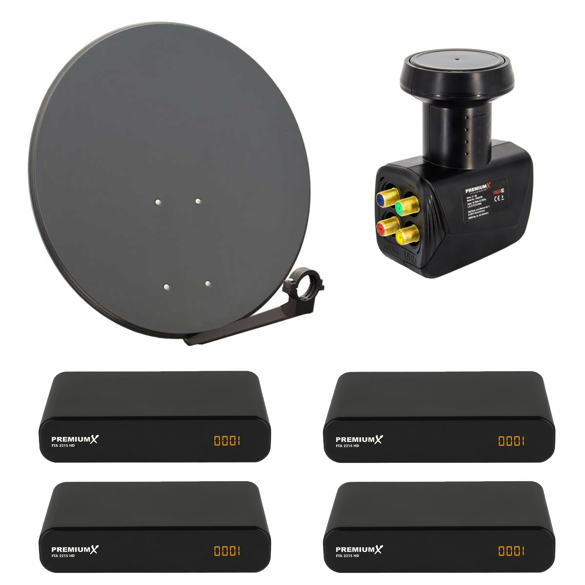 PremiumX Satelliten-Komplettanlage 4 Teilnehmer 80cm Antenne Anthrazit SAT Quad LNB 4X Satelliten-Receiver DVB-S2 HDTV