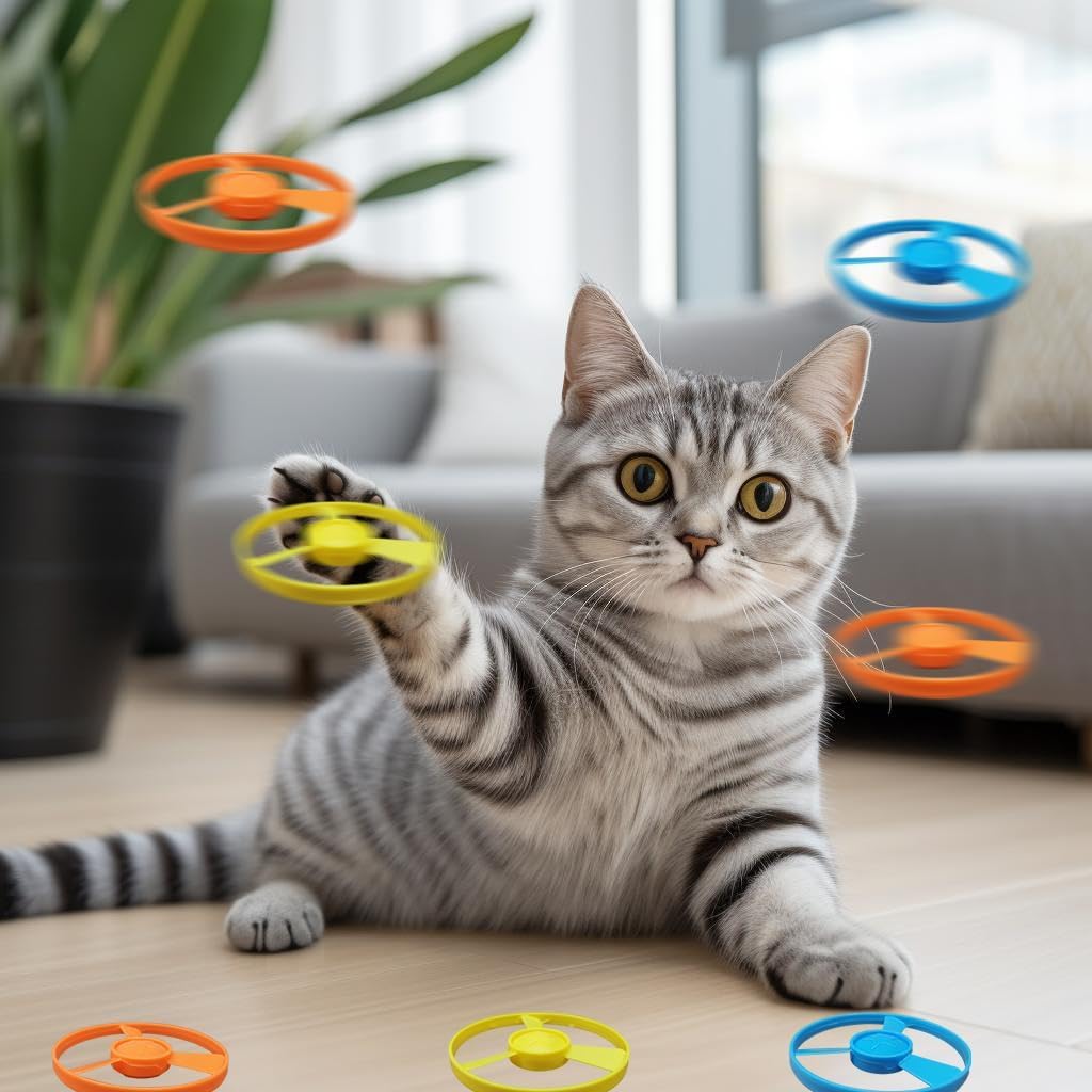 Katzen-Apportierspielzeug, 2 interaktives Katzenspielzeug mit 20 fliegenden Propellern, Kätzchenbahnen, Spielzeug für Training, Jagd, Jagd (Gelb + Rosa)