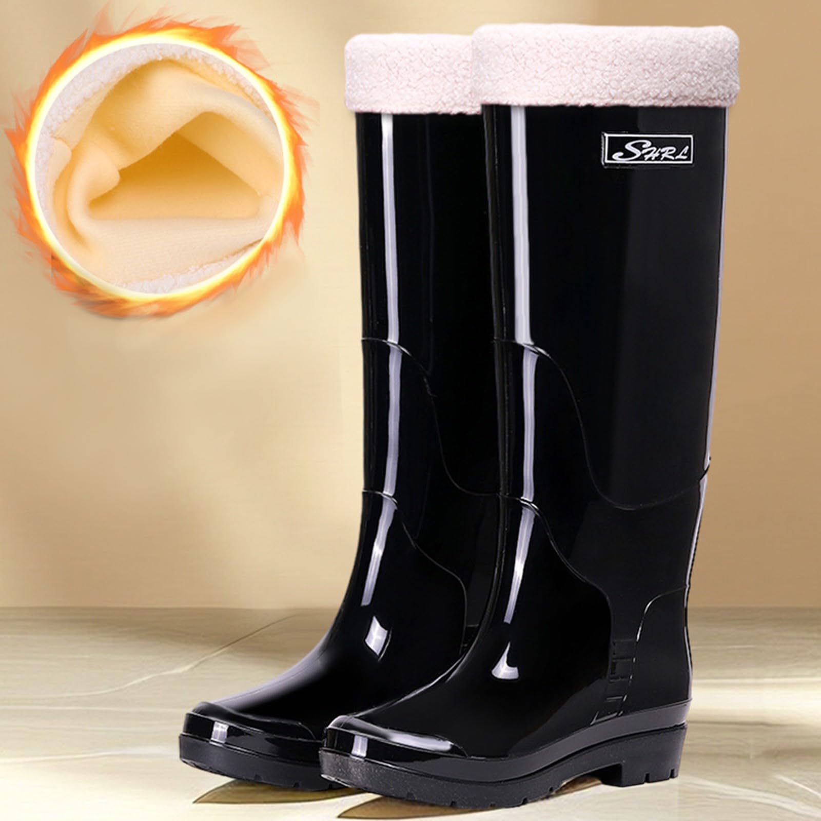 Botas de lluvia de moda hasta la rodilla para mujer, botas térmicas de goma para mujer, botas de lluvia impermeables, botas de agua de longitud completa hasta la rodilla con forro cálido, B