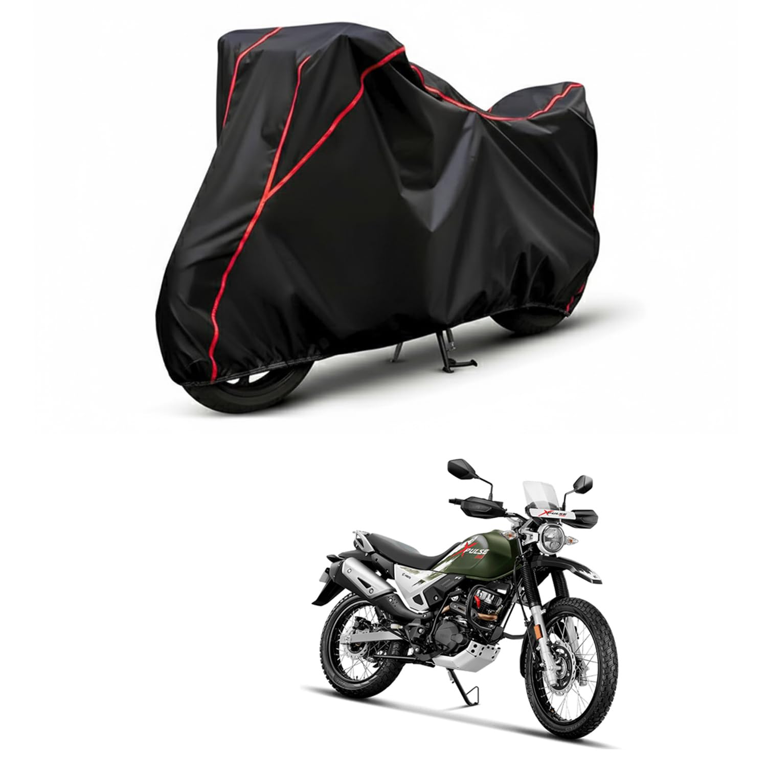AOSIS® UV Rays Protector & Dust Proof Two Wheeler Body Cover Thick Polyster Fabric(190T) Designed for Hero Xpulse 200 | Full Bottom Elastic | Red Piping with Black-image-6
