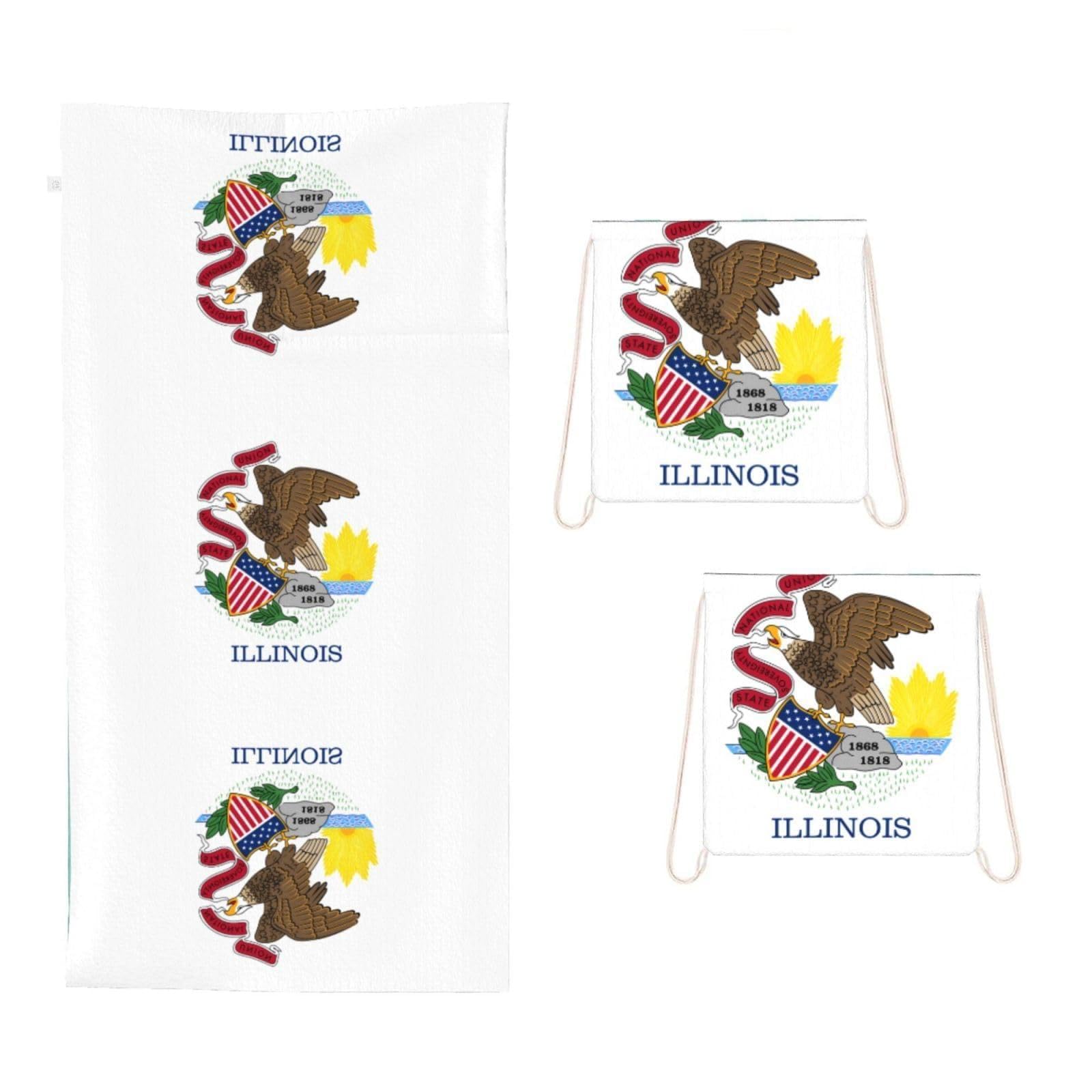 CNTDBU Illinois State Flag 2 in 1 Packable Towel Bag-Large Beach Towel with Stuff Sack, Super Absorbent Microfiber Travel Towel for Pool