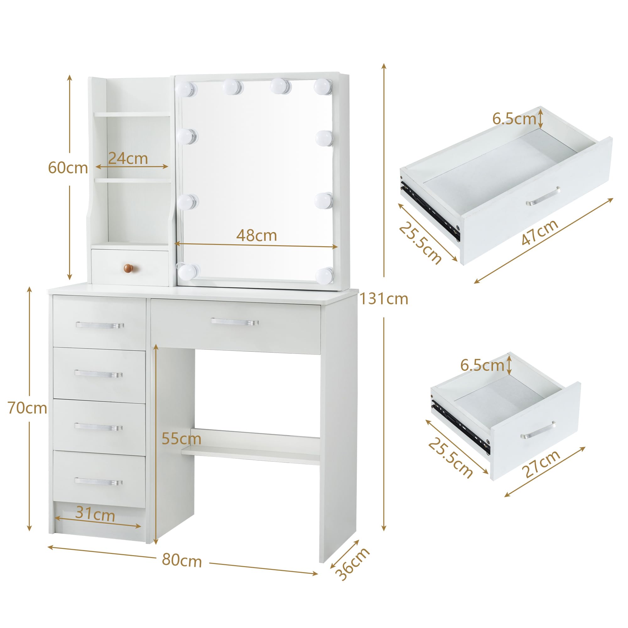 Toeletta Trucco con Luci e Sgabello, Luminosità Regolabile, Postazione Trucco con Specchio e 6 Cassetti, 4 Ripiani Aperti, Moderna, Bianco, 131 x 80 x 36 cm
