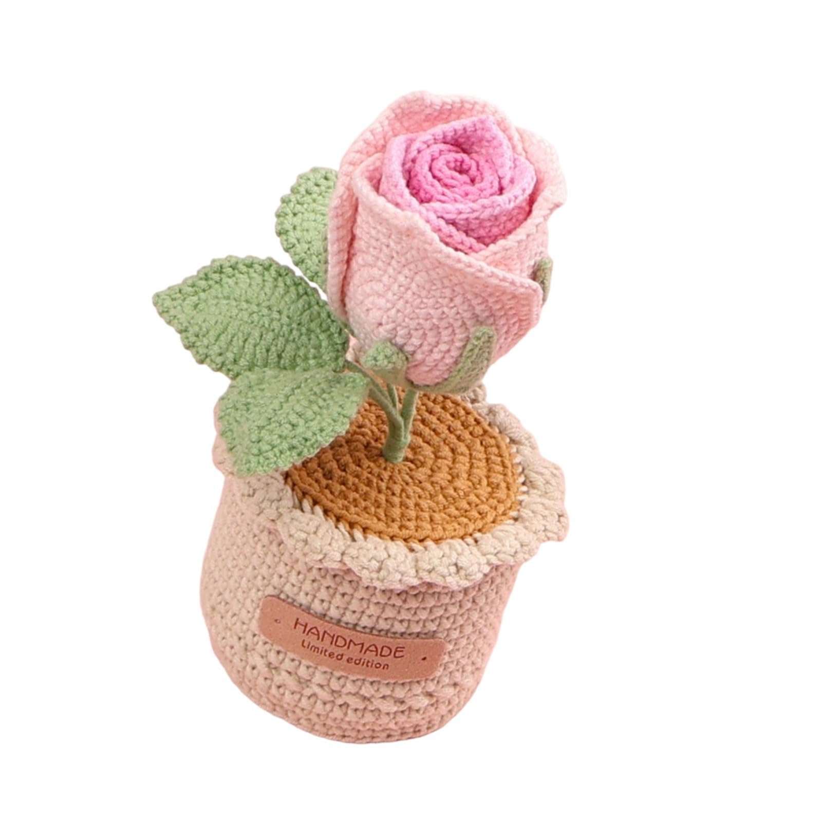 Hredyqw Handmade Knitted Rose In Pots Crochet Potted Plant Ornament Home Decors For Valentines Birthday Wedding