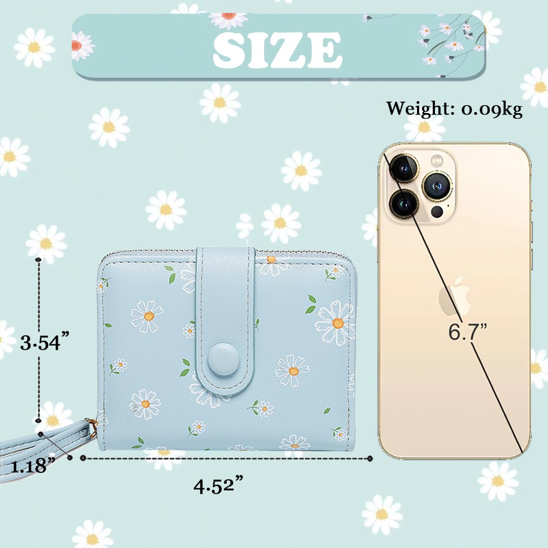Lindas carteras con estampado de margaritas con cremallera exterior alrededor del monedero, billetera plegable con ventana de identificación con tarjetero de crédito, Azul, Billetera 3