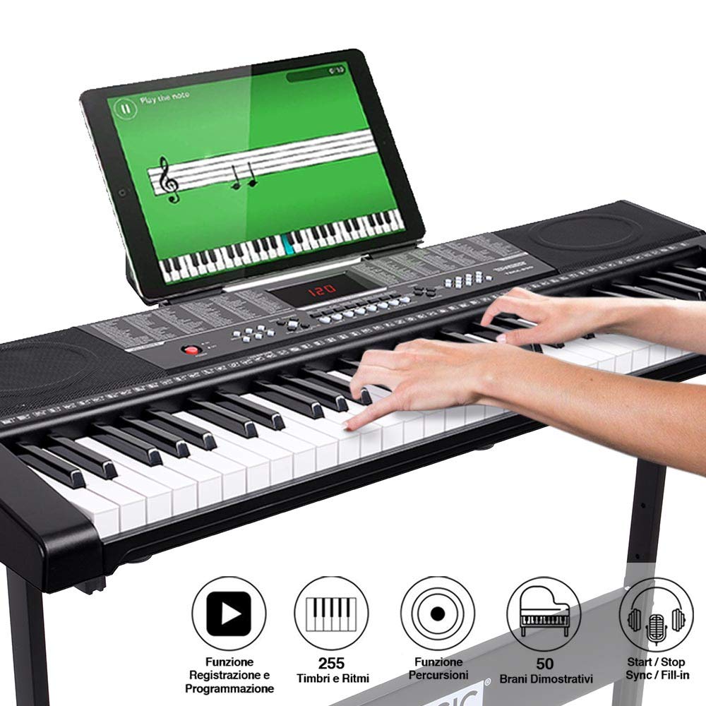 Bakaji - Teclado musical plano electrónico, 61 teclas, piano multifunción con soporte para taburete y auriculares, 255 ritmos, entrada USB AUX y atril