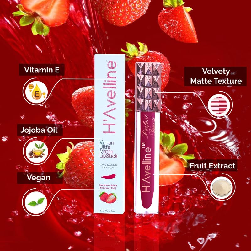 Image of H'Avelline Perfect Touch Velvet Matte Liquid Lipstick - Strawberry Splash | Buy 1 Get 2 Shades Free | Highly Pigmented | Lightweight Smooth Texture | Transfer Resistant | Long Lasting Hydrating Formula | Womens Day Sale