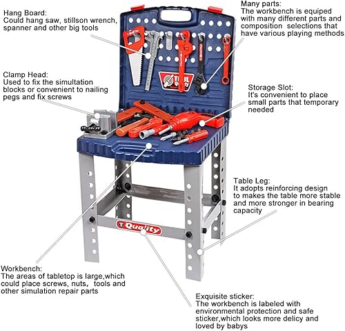 Miniatura 4 de Banco de trabajo con herramientas de juguete para jugar a construir. Con herramientas de apariencia realista y taladro eléctrico