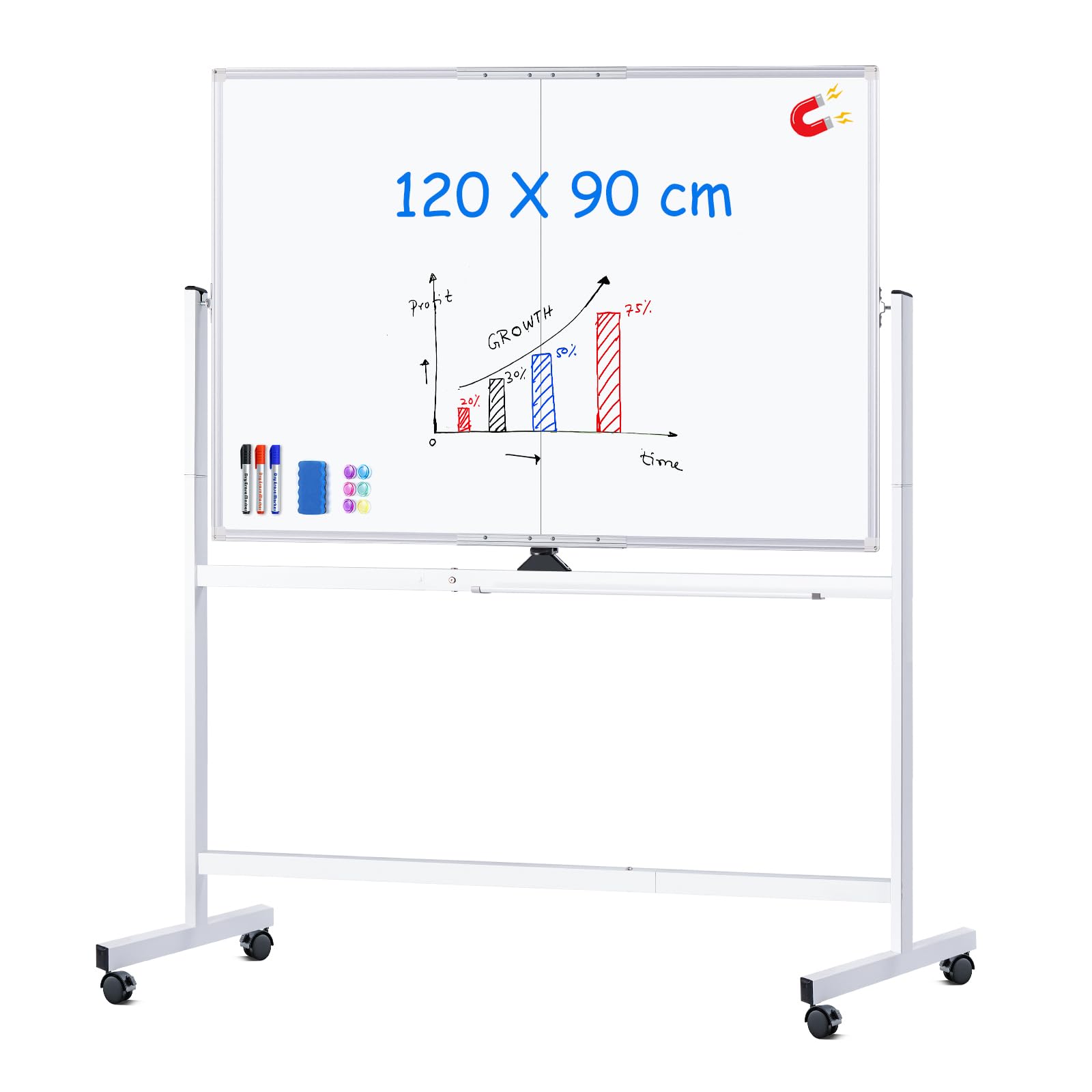 maxtek Pizarra Blanca con Ruedas 120 x 90 cm, Pizarra Magnética Grande de Doble Cara con Marco de Aluminio, con Marcadores, Imanes y Borrador de Pizarra, Pizarra Móvil para Escuela en Casa, Oficina