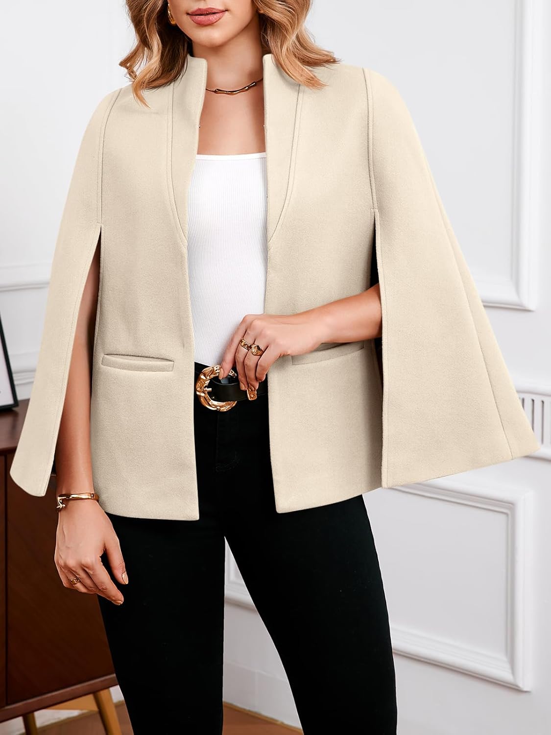 Cicy Bell Womens Cape Pea Coat Work Casual Split Long Sleeve Coat Stand Collar Open Front Fall jacket