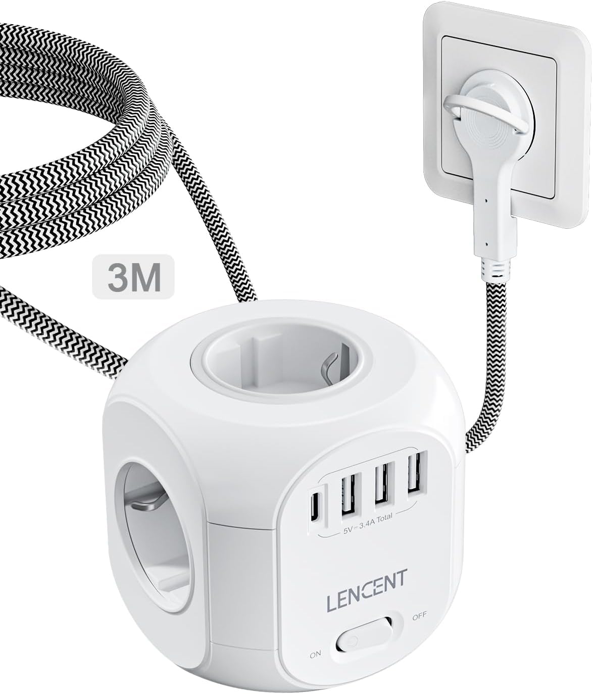 LENCENT 4 Fach Steckdosenleiste Flachstecker Steckdosenwürfel Mehrfachsteckdose 8 in 1 Cube Steckdose Steckerleiste mit 3 USB&1 Typ-C, Mehrfachstecker mit 3 Meter Geflochtenem Kabel für Wandsteckdose