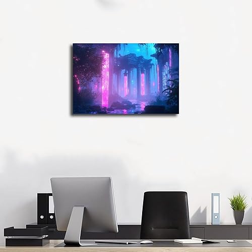 Miniatura 3 de Futuristic Retro Fantasy Wall Art, Neon Cyberpunk City with Classical Ruins Print, Unique Niche Home Decor Poster Poster Print for Teen Boys Room
