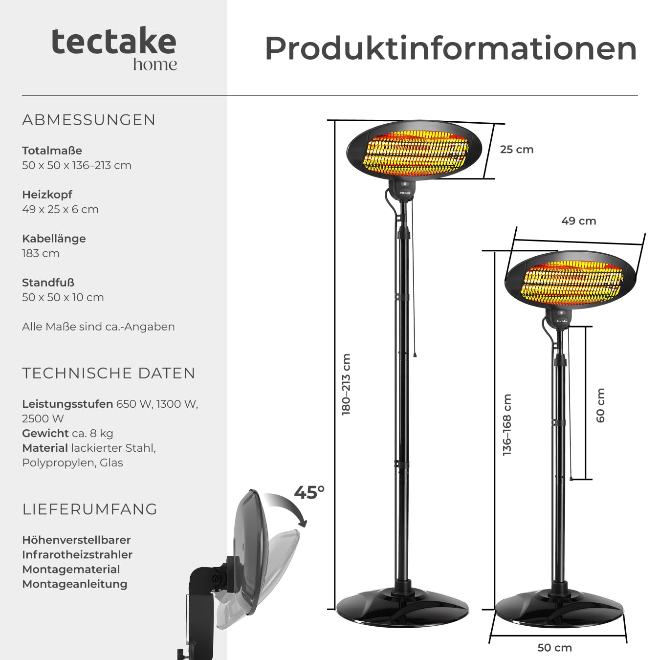 tectake® Infrarot Heizstrahler, Heizlüfter mit Standfuß oder Wandmontage, Wärmelampe für Baby Wickeltisch, Wandheizung Bad, Infrarotheizung Terrasse, Heizung elektrisch, 2000W, 3 Stufen