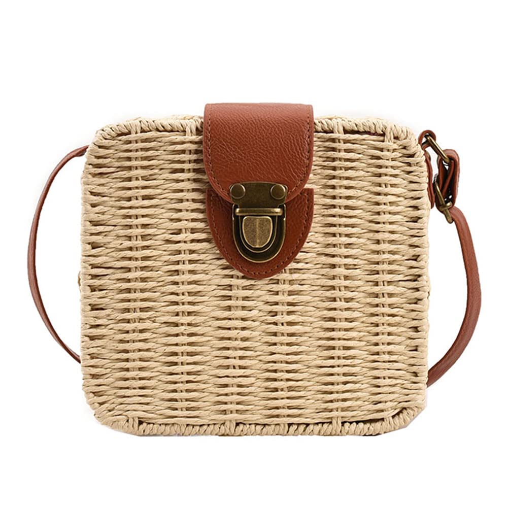Orgonite Straw Bag Woven Shoulder Bag Rattan Wicker Crossbody Bag Square Bag with Leather Strap for Women Summer