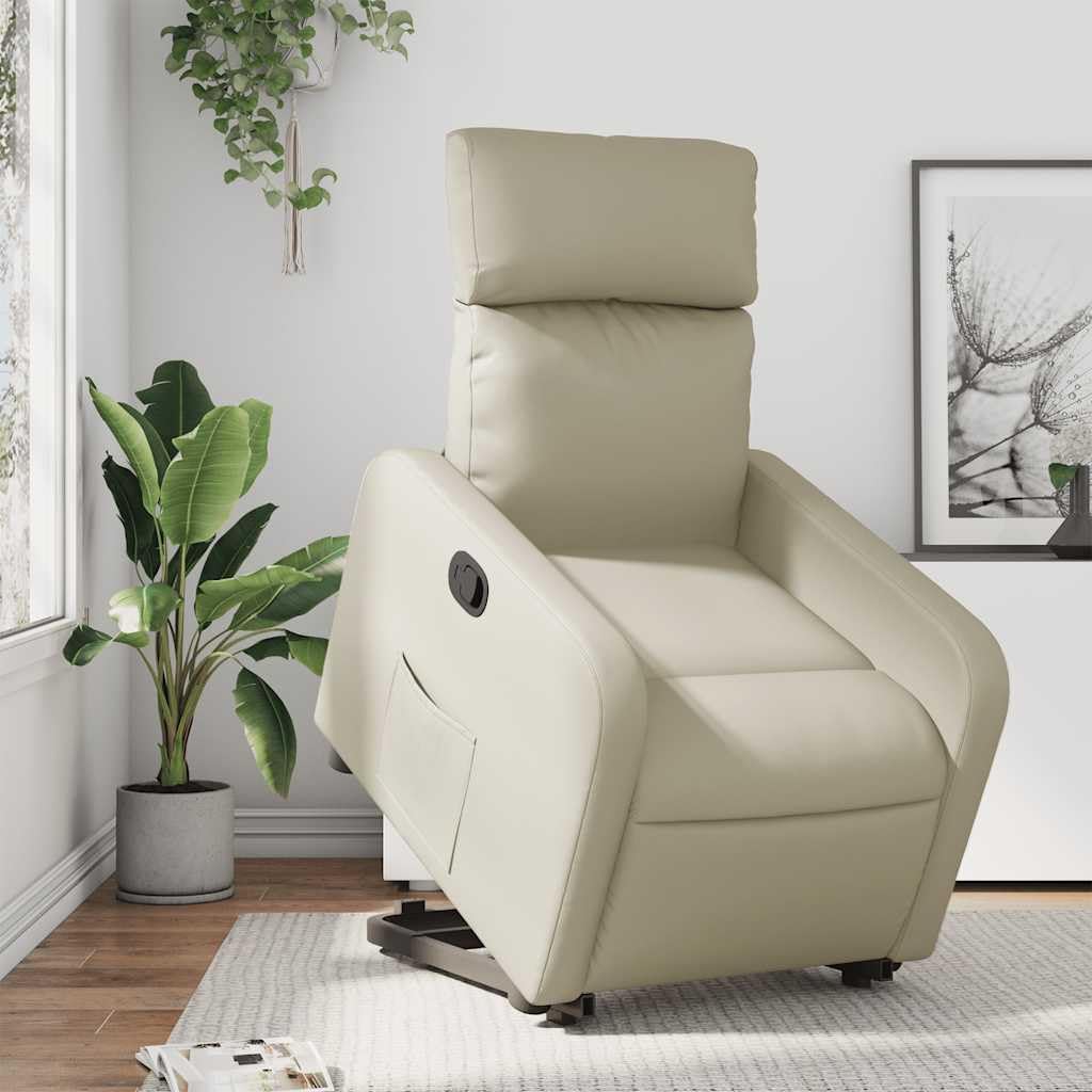 Fotel relaksacyjny z elektrycznym wspomaganiem wstawania, ze sztucznej skóry, kremowy, regulowany, z tapicerką, podłokietnikami i oparciem, ergonomiczny, do salonu, czytania, relaksu i