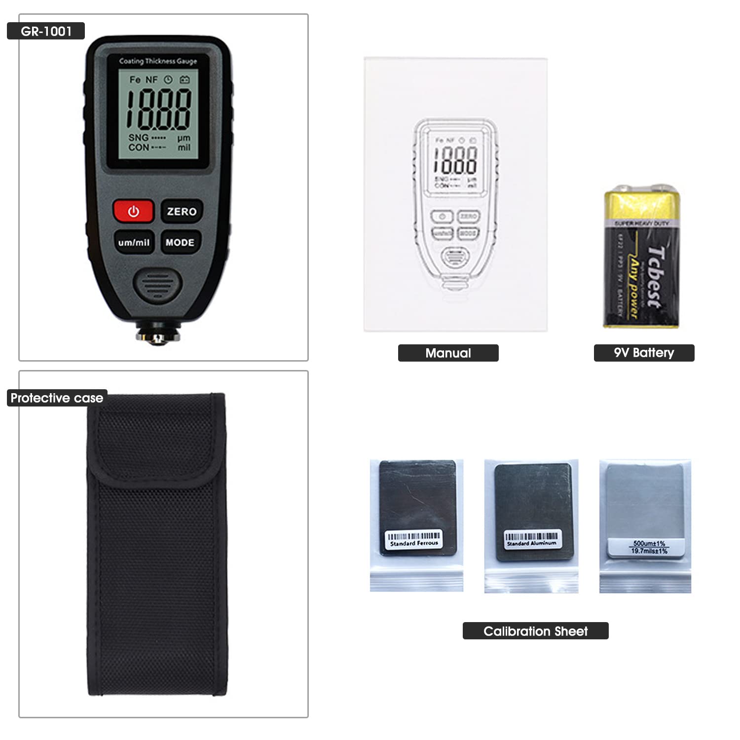 Medidor de Espesor de Pintura GR-1001 Medidor de Espesor de Pintura con Sensor para Auto Fe-NF Apagado Automático Rango de Medición 0-1300um Medidor Digital de Espesor de Pintura para Autos Usados
