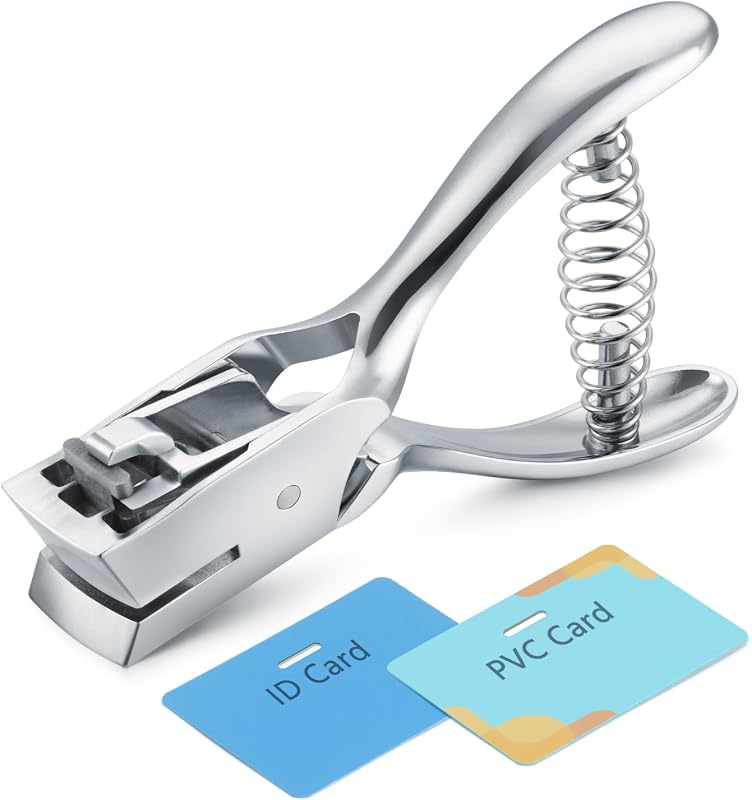 Badge Hole Punch, One Slot Tag Puncher for ID, Luggage & Name Tags | All-metal build, spring-loaded, 15x3mm no burrs. Works on PVC, cardstock, lanyard, paper. Handheld single-press use.