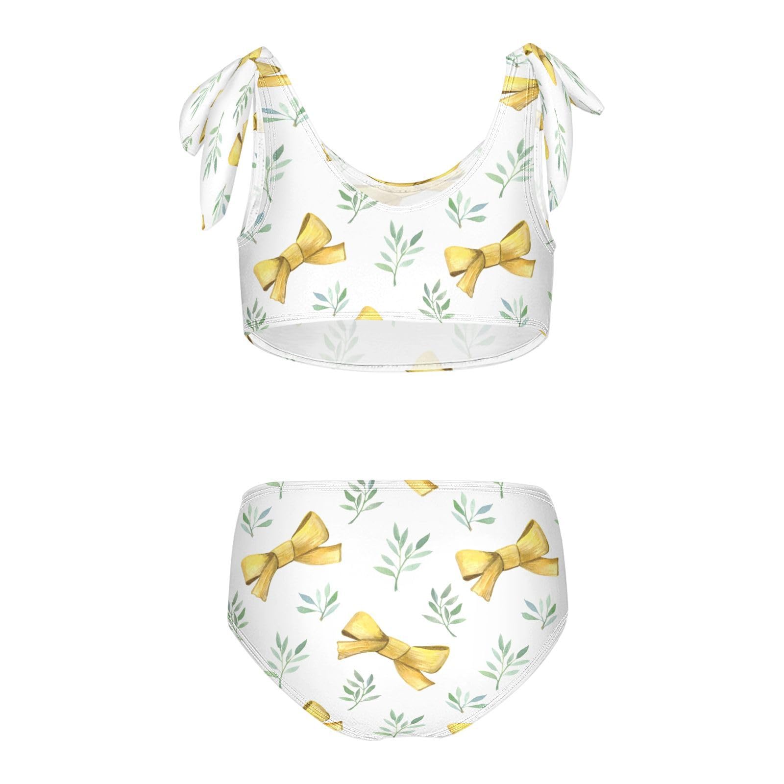 Dussdil Yellow Bows Green Twigs Leaves Girls Swimsuits 2 Piece Swimwear Bikini Set Beach Bathing Suit for Summer Girl Kids 9-10T