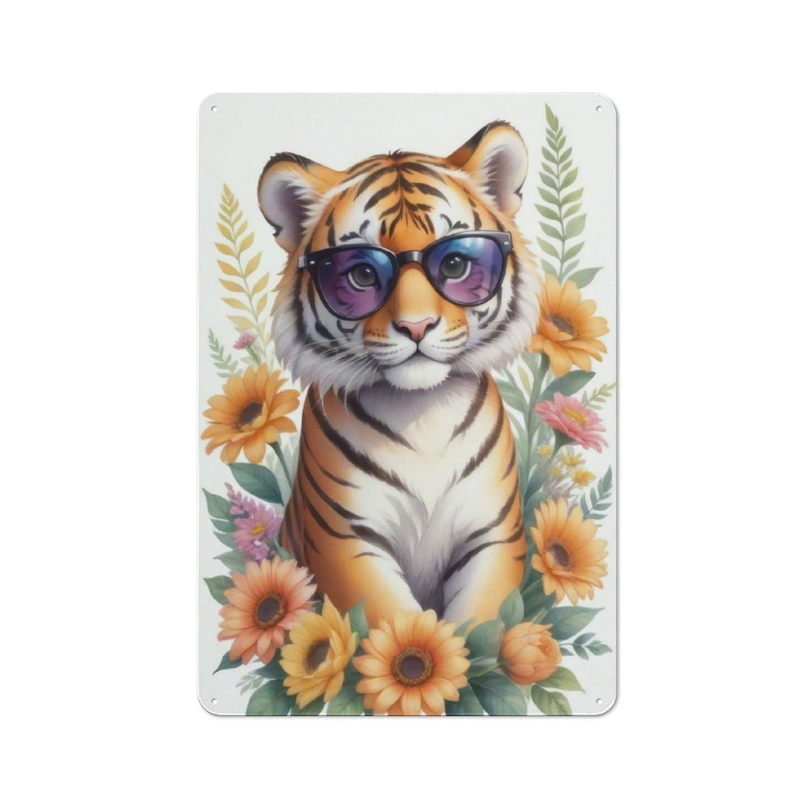 Watercolor Floral Tiger Warehouse Style Metal Wall Decor 30x20cm, Industrial Metal Sign for Workspace, Cafe, Hallway Or Garage