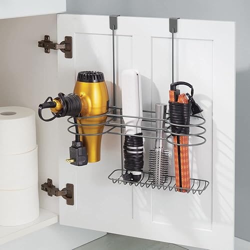 Miniatura 2 de mDesign Organizador de herramientas de metal para el cuidado del cabello y el peinado, cesta de almacenamiento para secador de pelo, planchas,