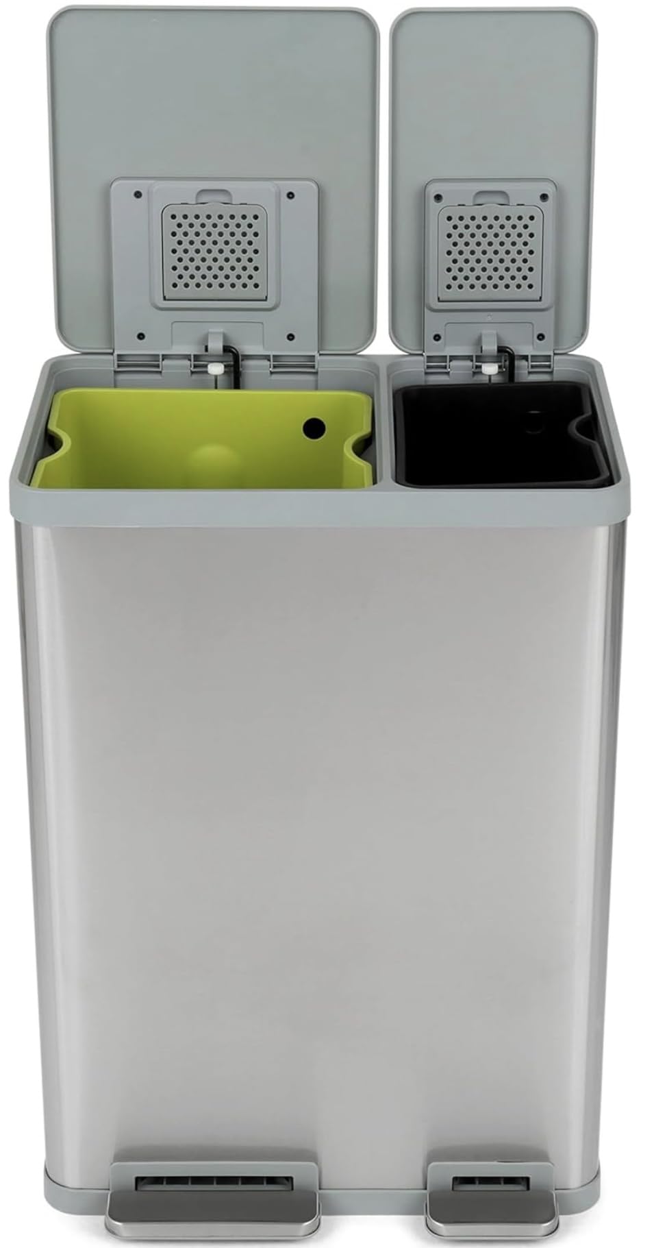 Simpli-Magic 60 Liter / 16 Gallon Rectangular Hands-Free Dual Compartment Recycling Kitchen Step Trash Can with Soft-Close Lid, Brushed Stainless Steel (38L x 22L Capacity)