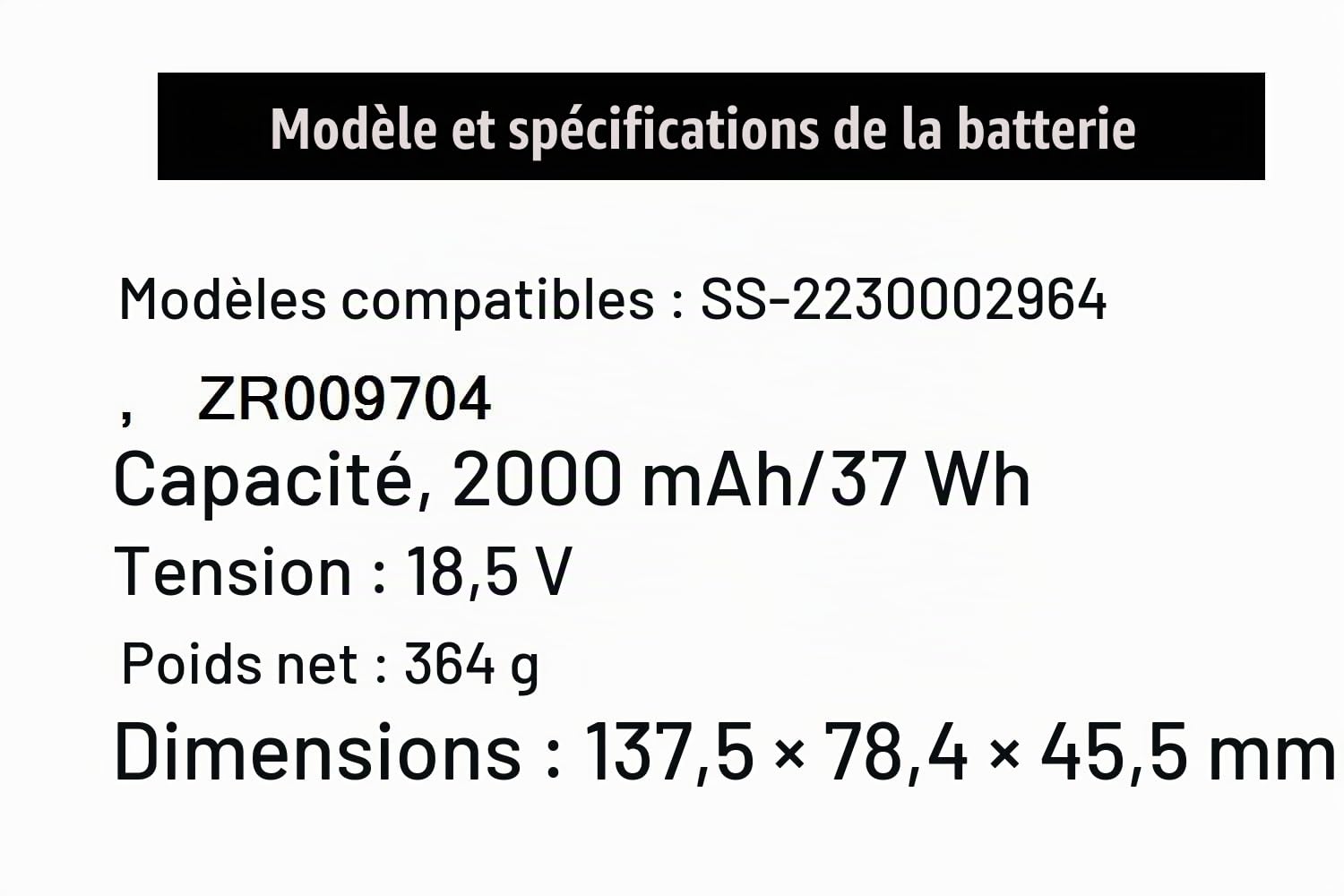 Batterie Lithium-ION Rechargeable pour Aspirateur 18.5V 2000mAh / 37Wh. Compatible avec Rowenta SS-2230002964, ZR009704