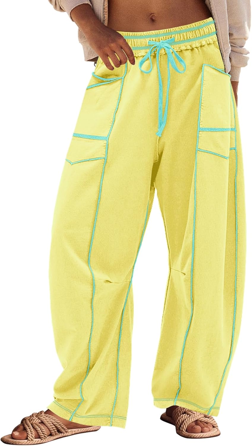 Panadila Womens Barrel Pants Drawstring Wide Leg Sweatpants Baggy Summer Lounge Pants Casual Beach Trousers