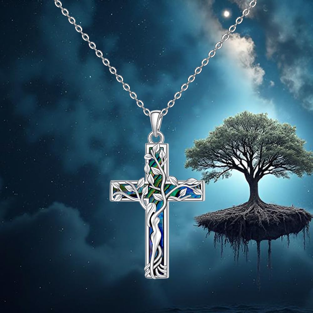 Fenthring Tree of Life Necklace Sterling Silver Cross Necklaces for Women Womens Cross Christmas Abalone Jewelry Birthday Gifts - Image 2