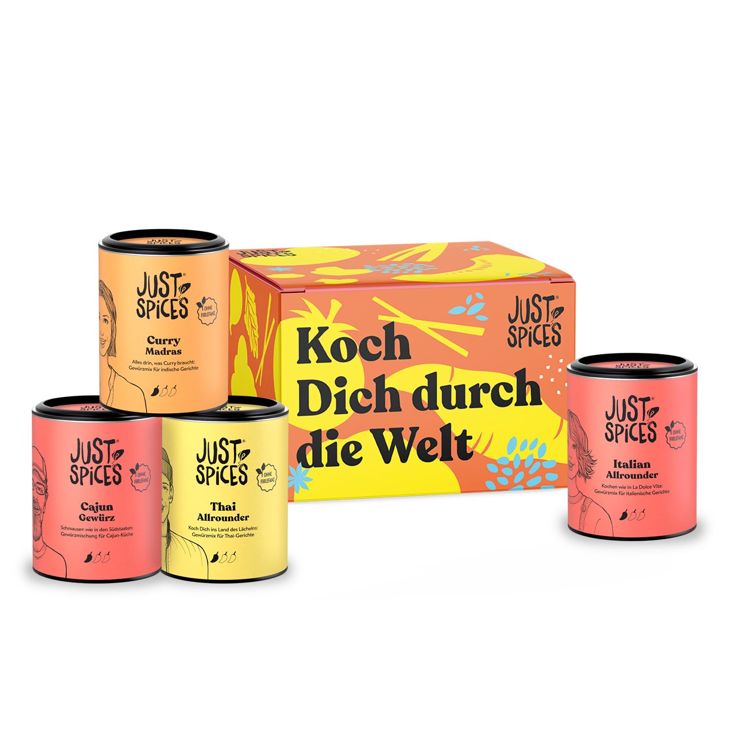 Just Spices Fernweh Geschenkbox I Geschenkset mit 4 Gewürzdosen I Für leckere Gerichte aus aller Welt I Geschenk für Reiseliebhaber