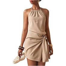 Floerns Women's Halter Backless Linen Wrap Mini Dress Tie Waist Sundress